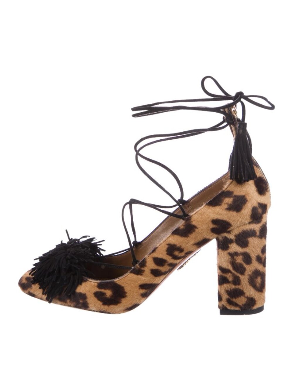 Aquazzura Wild Thing Leopard Calf Hair Fringe Chunky Heel Pumps Size 38